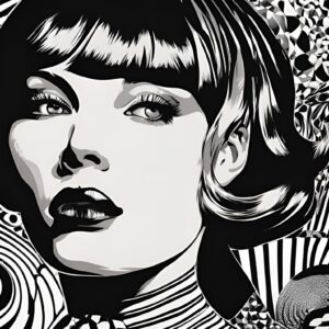 Minimalist retro-style wall art 'Black, White, Infinite Possibilities' with a beautiful strong woman set against a background of intricate texture and design, all in black and white, blending elegance with vintage-inspired aesthetics