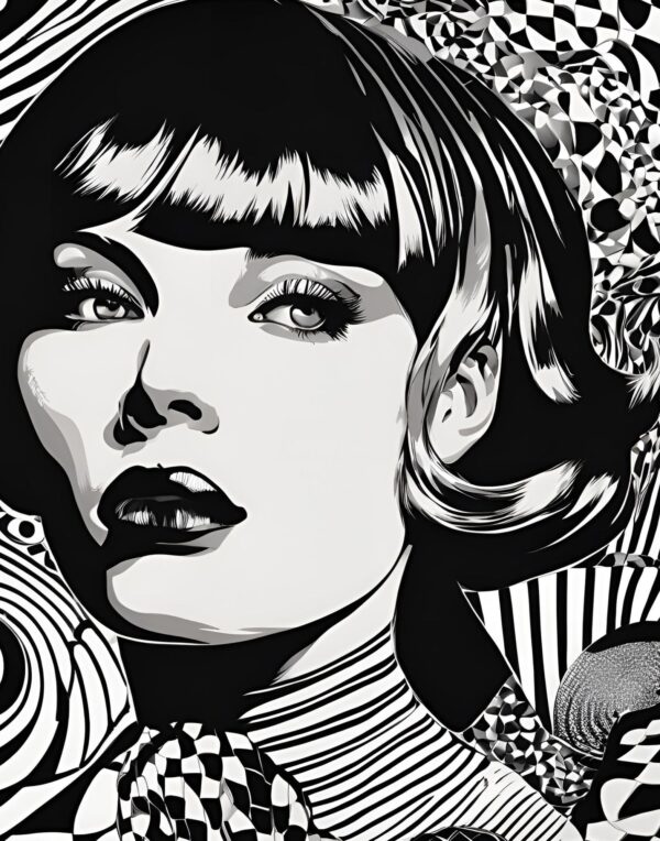 Minimalist retro-style wall art 'Black, White, Infinite Possibilities' with a beautiful strong woman set against a background of intricate texture and design, all in black and white, blending elegance with vintage-inspired aesthetics