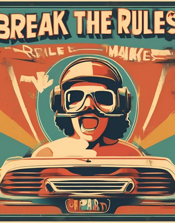 Minimalist retro-style wall art featuring the phrase 'Break the Rules, Make the Rules' with a stylish, bold woman wearing 1960s goggles and a motorbike cap, combining vintage fashion with empowering vibes