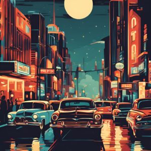 Minimalist retro-style wall art 'City Lights, Creative Nights' with a vintage-inspired design, capturing the energy of urban nightscapes and the creativity they inspire.