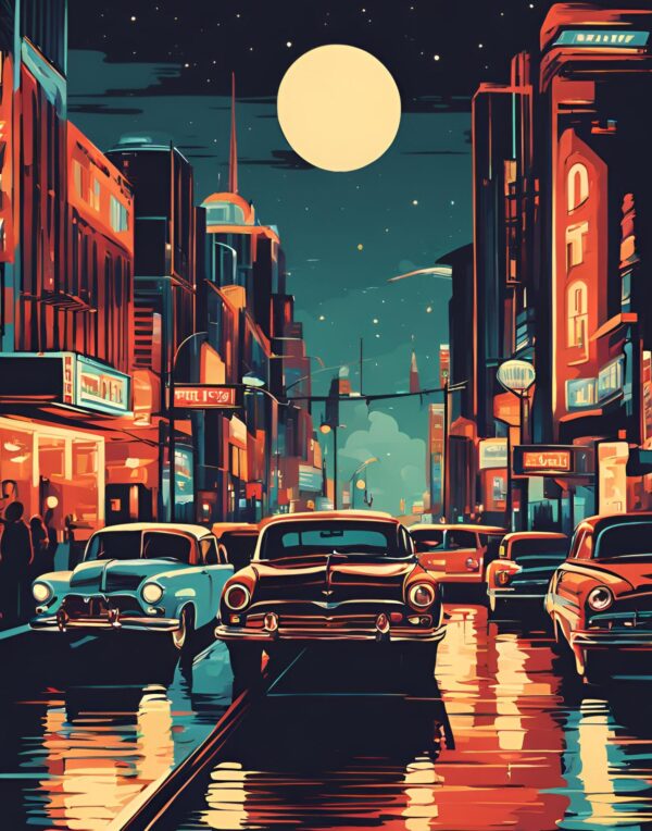 Minimalist retro-style wall art 'City Lights, Creative Nights' with a vintage-inspired design, capturing the energy of urban nightscapes and the creativity they inspire.