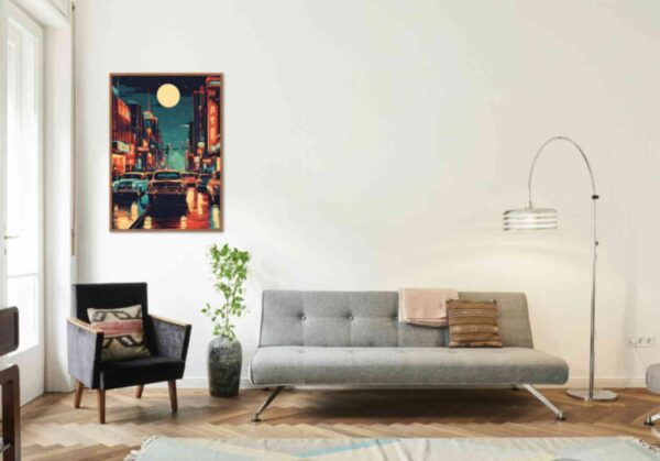 Minimalist retro-style wall art 'City Lights, Creative Nights' with a vintage-inspired design, capturing the energy of urban nightscapes and the creativity they inspire.