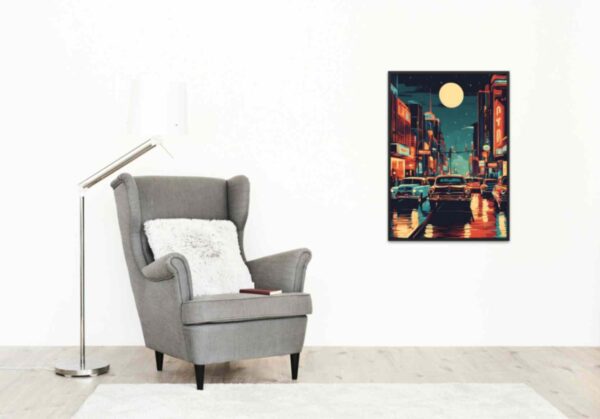 Minimalist retro-style wall art 'City Lights, Creative Nights' with a vintage-inspired design, capturing the energy of urban nightscapes and the creativity they inspire.