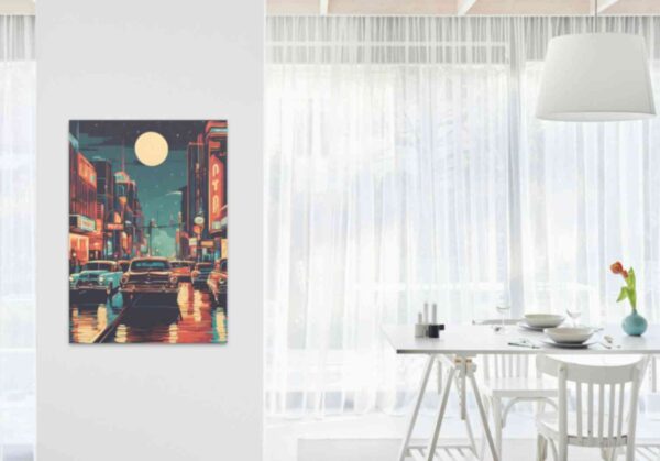 Minimalist retro-style wall art 'City Lights, Creative Nights' with a vintage-inspired design, capturing the energy of urban nightscapes and the creativity they inspire.