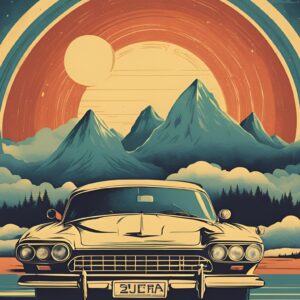 Minimalist retro-style wall art featuring the phrase 'Dream Big, Doodle Bigger' with a vintage car against a backdrop of soaring mountains and an open sky, combining inspirational imagery with bold vibes