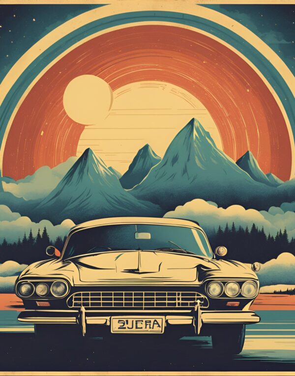 Minimalist retro-style wall art featuring the phrase 'Dream Big, Doodle Bigger' with a vintage car against a backdrop of soaring mountains and an open sky, combining inspirational imagery with bold vibes