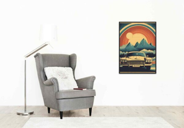 Minimalist retro-style wall art featuring the phrase 'Dream Big, Doodle Bigger' with a vintage car against a backdrop of soaring mountains and an open sky, combining inspirational imagery with bold vibes