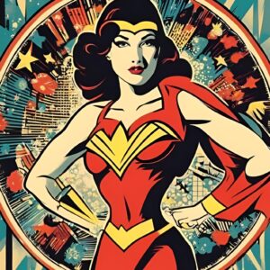 Minimalist retro-style wall art 'Ideas Are My Superpower' with a superwoman figure and dynamic action vibes, blending bold vibes with vintage-inspired superhero design.