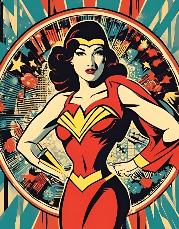 Minimalist retro-style wall art 'Ideas Are My Superpower' with a superwoman figure and dynamic action vibes, blending bold vibes with vintage-inspired superhero design.