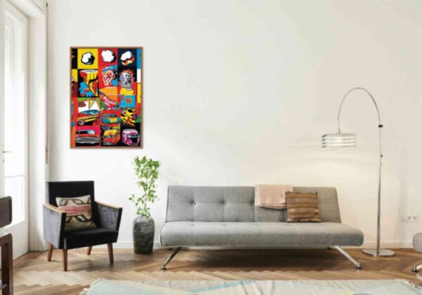 Minimalist retro-style wall art 'Ideas that Disrupt' in bold colors with a pop art design, blending vibrant hues with a vintage-inspired, creative aesthetic