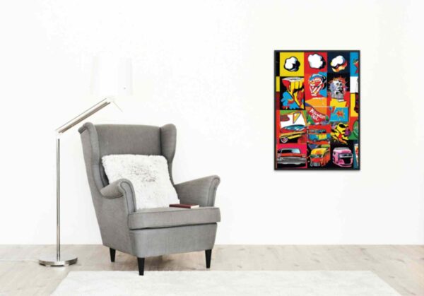 Minimalist retro-style wall art 'Ideas that Disrupt' in bold colors with a pop art design, blending vibrant hues with a vintage-inspired, creative aesthetic