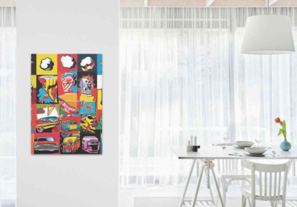 Minimalist retro-style wall art 'Ideas that Disrupt' in bold colors with a pop art design, blending vibrant hues with a vintage-inspired, creative aesthetic