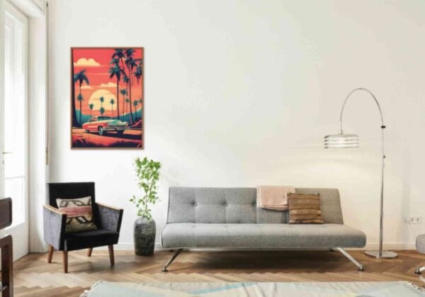 Minimalist retro-style wall art featuring the phrase 'Inspiration is Everywhere' with a vintage car set against tropical vibes, blending bold colors with a nostalgic, tropical aesthetic