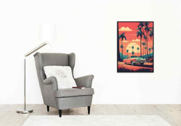 Minimalist retro-style wall art featuring the phrase 'Inspiration is Everywhere' with a vintage car set against tropical vibes, blending bold colors with a nostalgic, tropical aesthetic