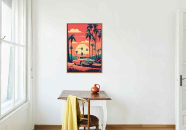 Minimalist retro-style wall art featuring the phrase 'Inspiration is Everywhere' with a vintage car set against tropical vibes, blending bold colors with a nostalgic, tropical aesthetic