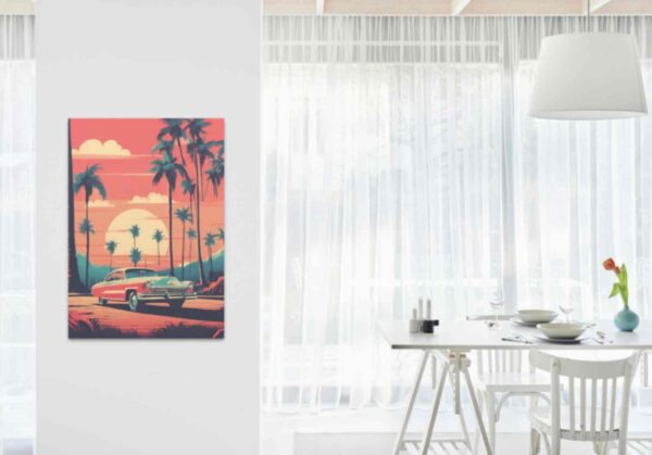 Minimalist retro-style wall art featuring the phrase 'Inspiration is Everywhere' with a vintage car set against tropical vibes, blending bold colors with a nostalgic, tropical aesthetic