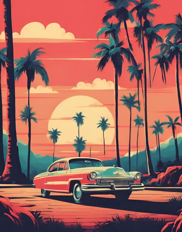 Minimalist retro-style wall art featuring the phrase 'Inspiration is Everywhere' with a vintage car set against tropical vibes, blending bold colors with a nostalgic, tropical aesthetic