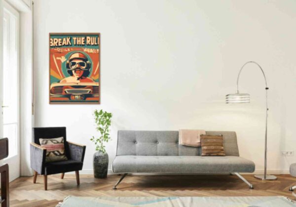 Minimalist retro-style wall art featuring the phrase 'Break the Rules, Make the Rules' with a stylish, bold woman wearing 1960s goggles and a motorbike cap, combining vintage fashion with empowering vibes