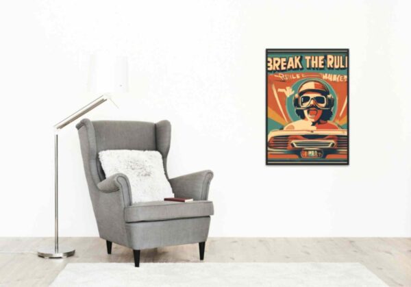 Minimalist retro-style wall art featuring the phrase 'Break the Rules, Make the Rules' with a stylish, bold woman wearing 1960s goggles and a motorbike cap, combining vintage fashion with empowering vibes