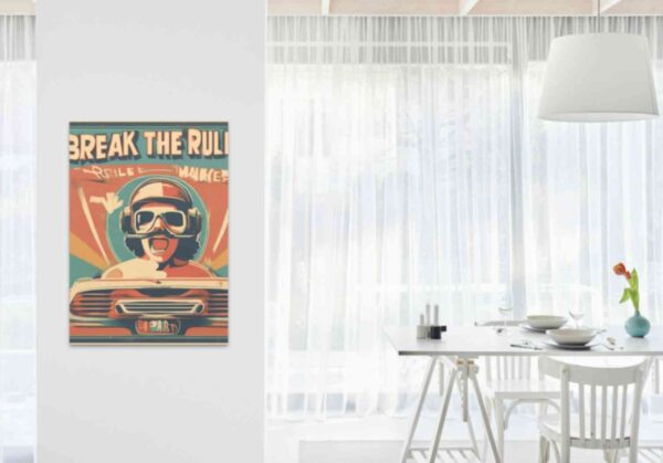 Minimalist retro-style wall art featuring the phrase 'Break the Rules, Make the Rules' with a stylish, bold woman wearing 1960s goggles and a motorbike cap, combining vintage fashion with empowering vibes