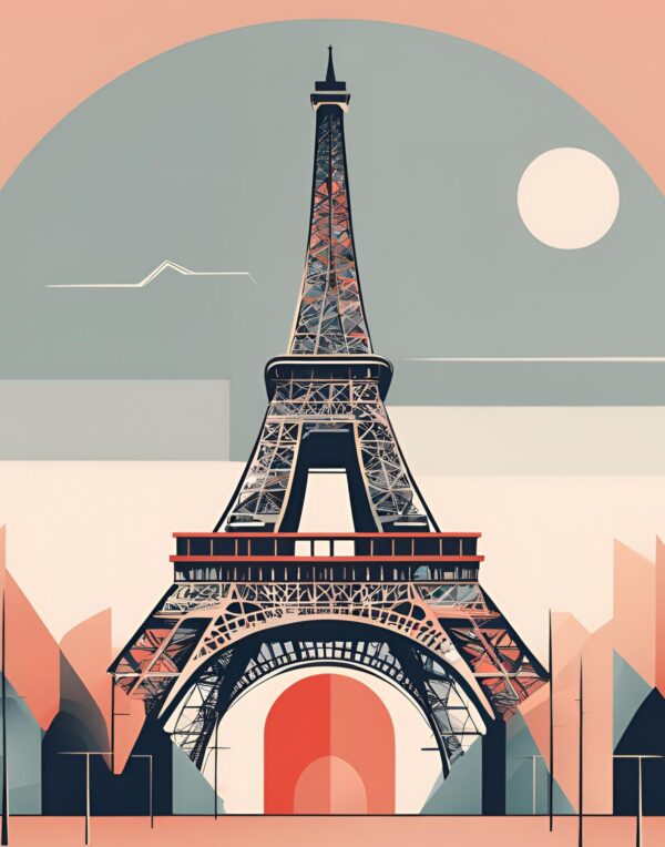 Retro-style illustration of Paris at night with the Eiffel Tower under a glowing full moon, evoking a vintage, nostalgic atmosphere with Art Deco influences and classic 1950s aesthetics.