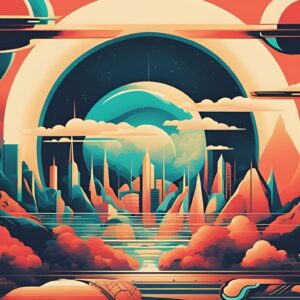 Minimalist retro-style wall art 'See the World Differently' with a retro-futuristic skyline and an upbeat, sophisticated background, combining visionary design with vintage-inspired aesthetics.