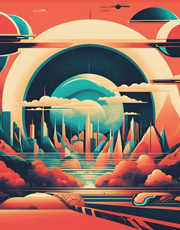 Minimalist retro-style wall art 'See the World Differently' with a retro-futuristic skyline and an upbeat, sophisticated background, combining visionary design with vintage-inspired aesthetics.