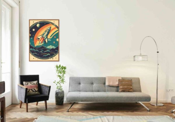 Minimalist retro-style wall art 'Reach for the Stars, Create Beyond' with a vintage-inspired design, blending cosmic themes and bold vibes to inspire limitless creativity