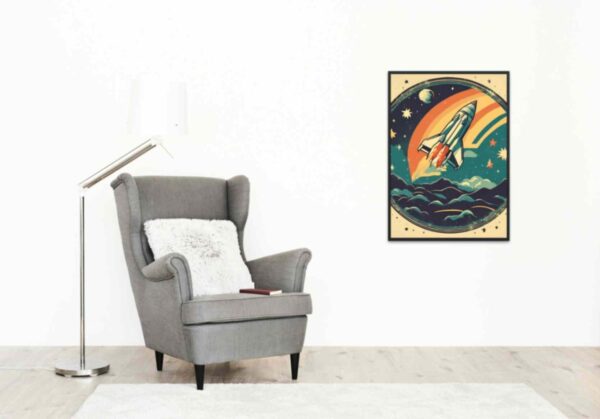 Minimalist retro-style wall art 'Reach for the Stars, Create Beyond' with a vintage-inspired design, blending cosmic themes and bold vibes to inspire limitless creativity