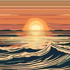 alt= Stylized illustration of a sunset over the ocean, featuring layered colors in the sky and water, with waves in the foreground and the sun near the horizon.