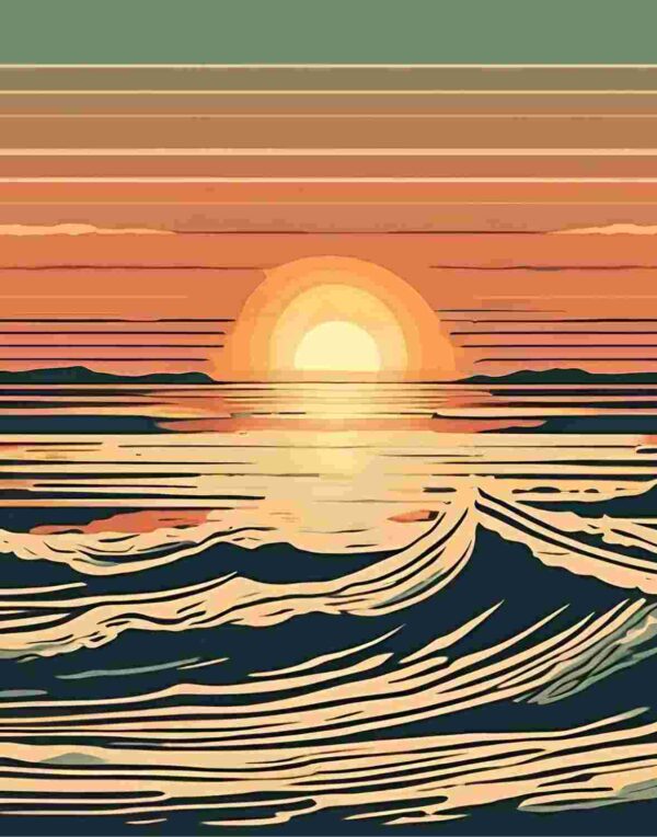 alt= Stylized illustration of a sunset over the ocean, featuring layered colors in the sky and water, with waves in the foreground and the sun near the horizon.