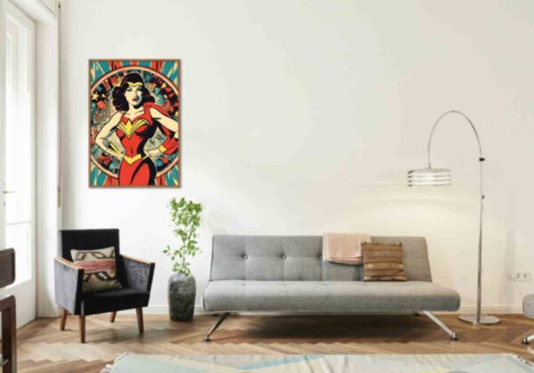 Minimalist retro-style wall art 'Ideas Are My Superpower' with a superwoman figure and dynamic action vibes, blending bold vibes with vintage-inspired superhero design.