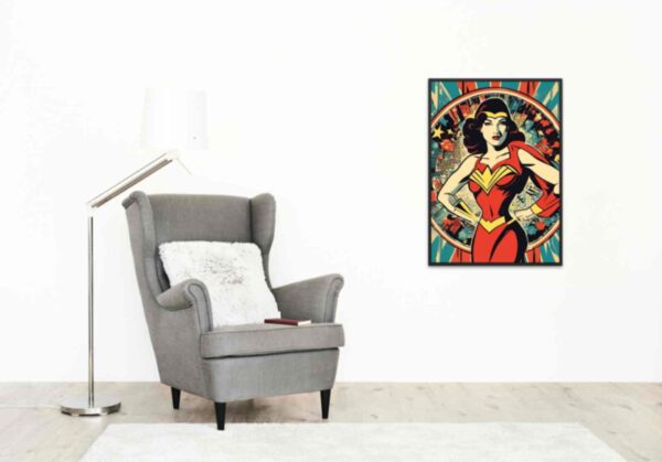 Minimalist retro-style wall art 'Ideas Are My Superpower' with a superwoman figure and dynamic action vibes, blending bold vibes with vintage-inspired superhero design.