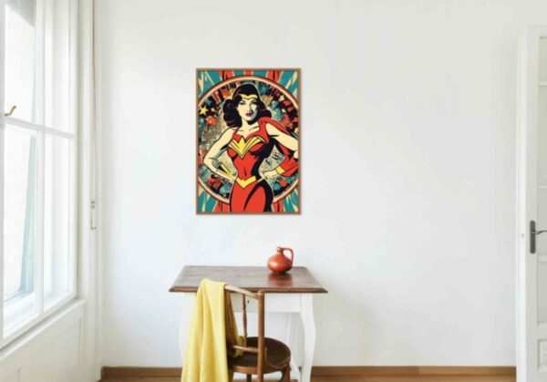 Minimalist retro-style wall art 'Ideas Are My Superpower' with a superwoman figure and dynamic action vibes, blending bold vibes with vintage-inspired superhero design.