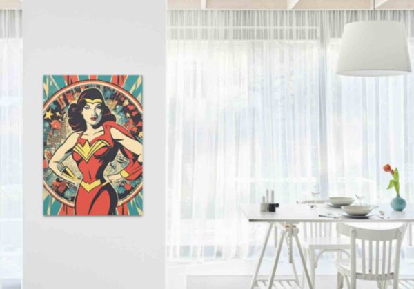 Minimalist retro-style wall art 'Ideas Are My Superpower' with a superwoman figure and dynamic action vibes, blending bold vibes with vintage-inspired superhero design.