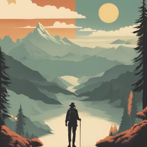 Minimalist retro-style wall art 'Wander Often, Wonder Always' with a hiker in a beautiful, remote natural landscape of mountains, lakes, and sky, blending adventurous spirit with vintage-inspired design.