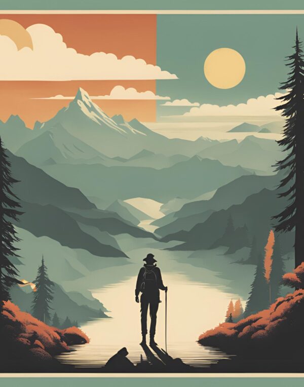 Minimalist retro-style wall art 'Wander Often, Wonder Always' with a hiker in a beautiful, remote natural landscape of mountains, lakes, and sky, blending adventurous spirit with vintage-inspired design.