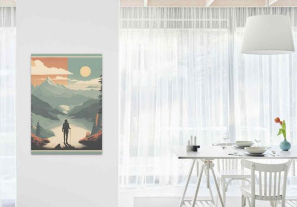 Minimalist retro-style wall art 'Wander Often, Wonder Always' with a hiker in a beautiful, remote natural landscape of mountains, lakes, and sky, blending adventurous spirit with vintage-inspired design.