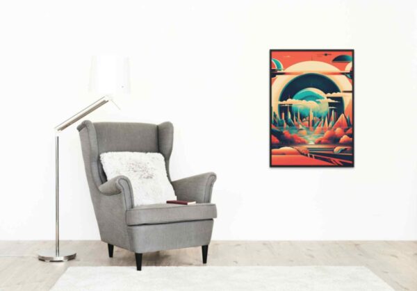 Minimalist retro-style wall art 'See the World Differently' with a retro-futuristic skyline and an upbeat, sophisticated background, combining visionary design with vintage-inspired aesthetics.