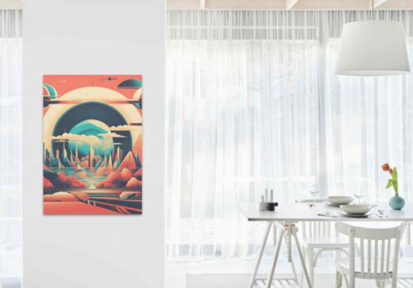 Minimalist retro-style wall art 'See the World Differently' with a retro-futuristic skyline and an upbeat, sophisticated background, combining visionary design with vintage-inspired aesthetics.