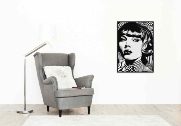 Minimalist retro-style wall art 'Black, White, Infinite Possibilities' with a beautiful strong woman set against a background of intricate texture and design, all in black and white, blending elegance with vintage-inspired aesthetics