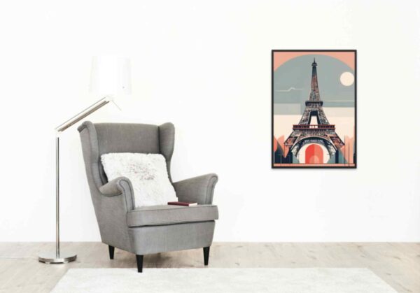 Retro-style illustration of Paris at night with the Eiffel Tower under a glowing full moon, evoking a vintage, nostalgic atmosphere with Art Deco influences and classic 1950s aesthetics